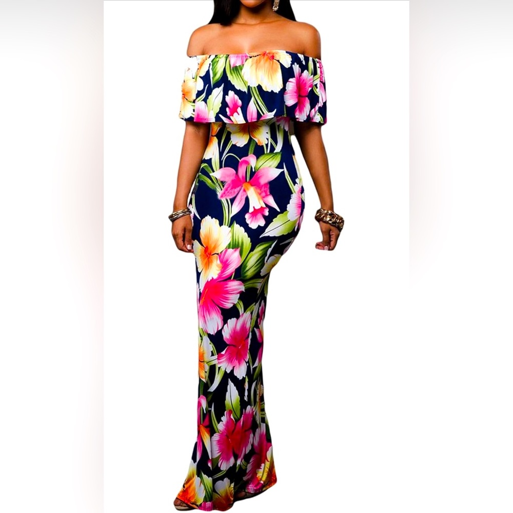 Women’s Off Shoulder Floral Printed Hawaiian Maxi Dress NWT